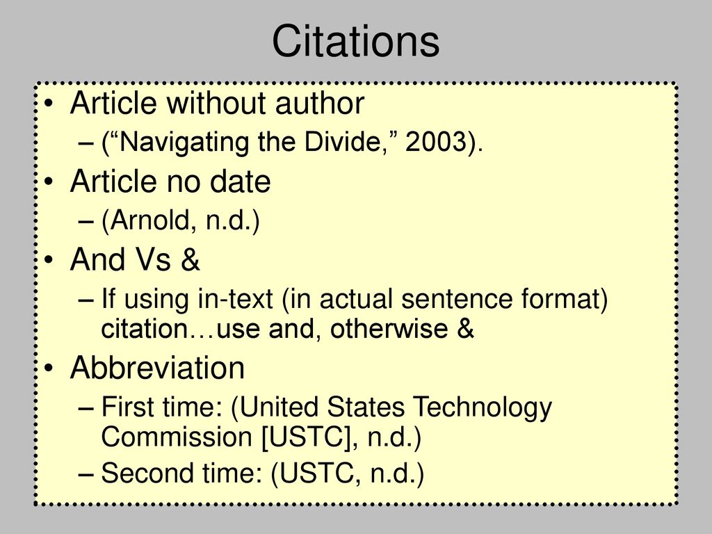 Citations Citation of citation Use of et al Direct Quotes ppt